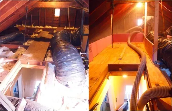 A dimly lit attic features two contrasting views: one with exposed insulation and clutter, and another neatly organized and insulated with ductwork.