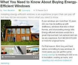 Alt text: "Article titled 'What You Need to Know About Buying Energy-Efficient Windows' with an image of a house undergoing window replacement. Includes text discussing costs and energy savings, with photos of windows and tools."