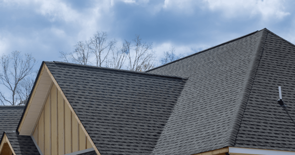 A close-up of a house roof with gray shingles, set against a backdrop of a cloudy sky and bare trees, conveying a sense of calm and simplicity.
