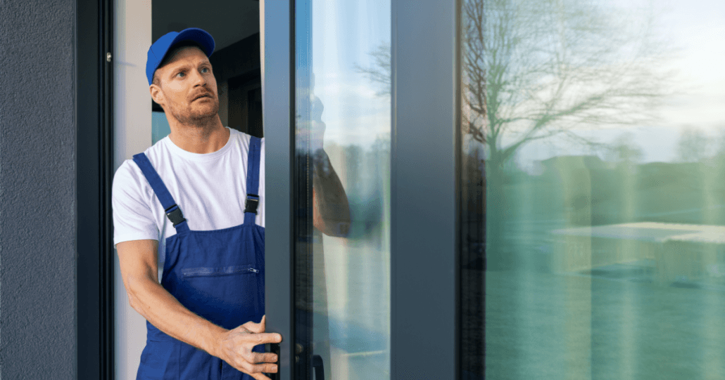 A man in blue overalls and cap examines a large glass patio door. He appears focused and is outside, with trees and a soft sky in the background.