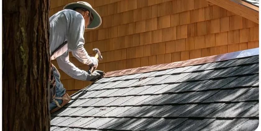 Person in protective gear hammering shingles on a roof in sunlight. Wooden house siding and a tree trunk are visible. The scene is calm and focused.