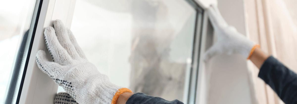 Hands wearing white gloves are adjusting a window, showcasing home renovation or installation. The scene conveys a sense of focus and careful effort.