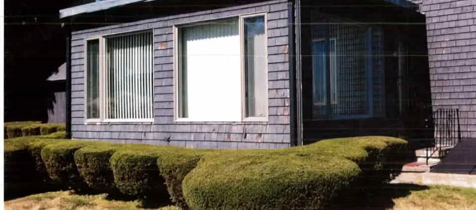 A blue shingle-clad house features large windows with vertical blinds. Neatly trimmed hedges border the house, conveying a sense of order and calm.