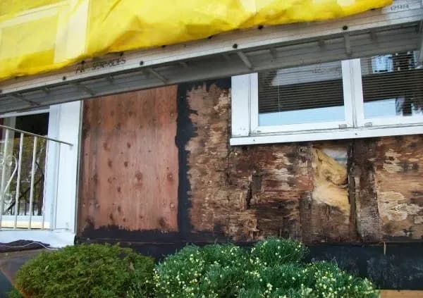 A house facade under renovation shows exposed wood and extensive rot around a window, with a yellow tarp above. Green bushes in the foreground.