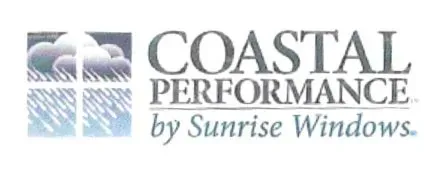Logo for Coastal Performance by Sunrise Windows. Features a window with clouds and rain, symbolizing weather-resistant design, next to the brand name.