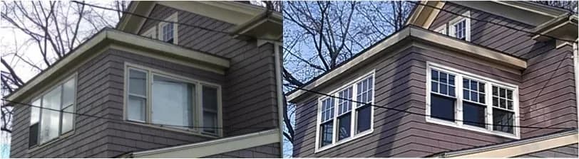 Before and after comparison of a house window renovation. Left: old, plain windows with minimal panes. Right: new, multi-pane windows with a classic style.