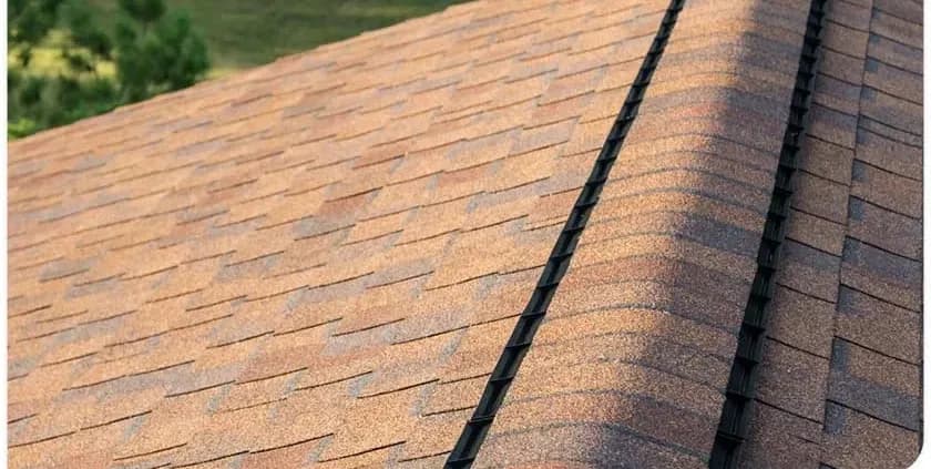 Close-up of a house roof with reddish-brown shingles, featuring a ridge vent for ventilation. The background shows a blurred view of green trees.