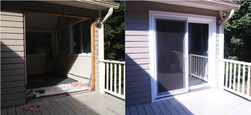 Before and after of a home renovation: The left shows an open wall space with missing door, while the right reveals a new sliding glass door installed.
