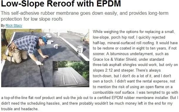 Man applies EPDM membrane on a flat roof, using adhesive tools. The scene conveys focus and careful work in roof maintenance, emphasizing ease and durability.