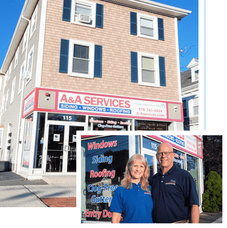 Exterior of a three-story building with a sign "A&A Services: Siding, Windows, Roofing." A man and woman smile in front, wearing branded shirts.