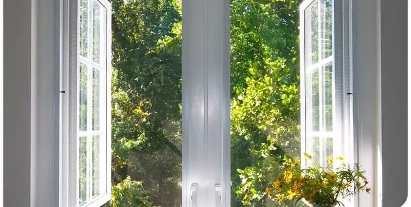 Open white window with sunlight streaming through, revealing a lush green tree outdoors. A small bouquet of yellow flowers sits on the windowsill, conveying peace.