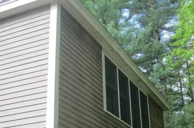 Side view of a house with brown siding and screened windows, surrounded by tall pine trees under a clear blue sky, evoking a serene, rustic feel.