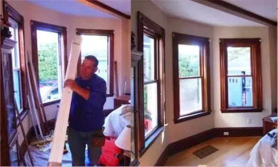 The image shows a split view: left, a worker installs a window in a cluttered room; right, the same room is tidier with newly installed windows and warm lighting.