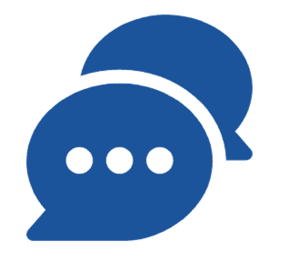 A silhouette of two overlapping blue speech bubbles on a black background. The front bubble has three dots, symbolizing messaging or communication.