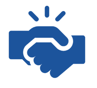 Blue handshake icon on black background with three rays above, symbolizing agreement or partnership. Simple, professional tone.