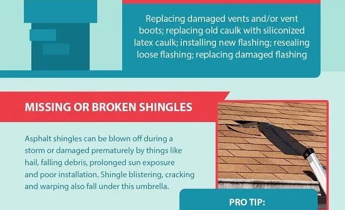 Alt text: "Infographic detailing roof damage solutions. Top section suggests vent repairs, caulking, and flashing. Middle highlights 'Missing or Broken Shingles' with a photo of damaged roof shingles. Bottom includes a 'Pro Tip' label. Tone is informative."