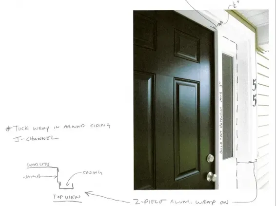 Alt text: Black paneled door beside white siding, shown with hand-drawn annotations detailing construction elements. The tone is instructional and informative.