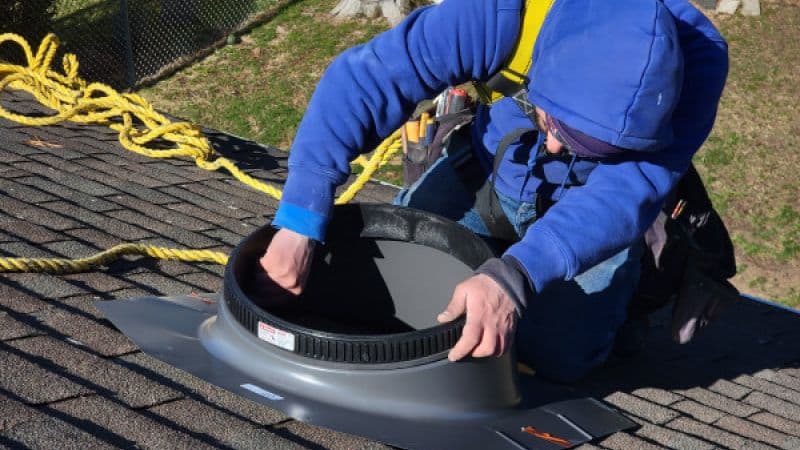 A worker wearing a blue hoodie installs a gray roof vent on a shingled roof. They’re attached to safety ropes, with tools on a belt. Sunny day.