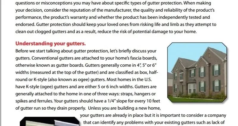Alt text: Informational document on gutter systems, highlighting types such as box, half-round, and K-style. Includes a house image with visible gutters.
